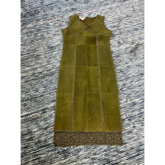 S.M.H. Boutique Patchwork Leather Olive Midi Dress Size 8 - Picture 4 of 8